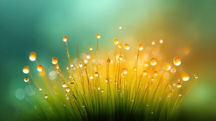 Close-up View of Dewy Grass Blades with Orange Droplets in Soft Blur Background of Green and Yellow Hues Creating a Serene Atmospheric Effect