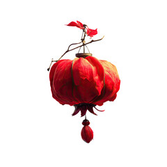 Floating red lantern, shaped like a flower, on black background