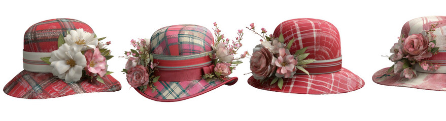 Floral-decorated plaid hats in a row