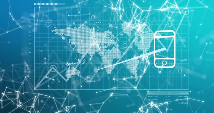 Line graph tracing, spawning chat and globe links, phone collecting data, showing global links