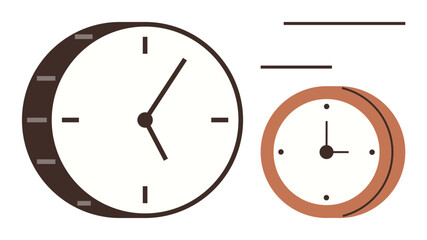 Two analog clocks of varying sizes and minimalist design, featuring simple clock faces and clean lines. Ideal for time management, punctuality, scheduling, productivity, planning, organization
