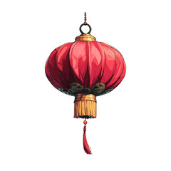 Red lantern hanging; tassel, gold accents; dark background