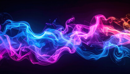 Vibrant display of swirling neon lights in shades of blue, pink, and purple creates abstract, dynamic pattern against dark background. colorful waves evoke sense of energy and movement