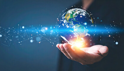 Hand holds glowing digital representation of Earth, surrounded by network of interconnected lines and nodes, symbolizing global connectivity and technology. image conveys innovation and futuristic