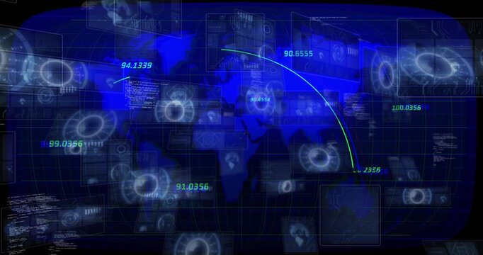 Cyan arc drawing from NW, stylish blue map showing pulsing HUD rings, scrolling panels for tracking