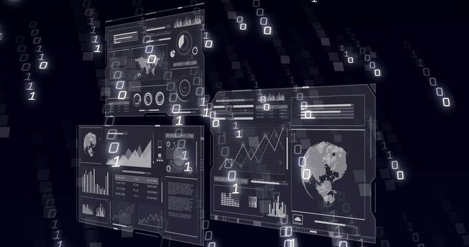 Void opening, four dashboards shifting while binary streams intensifying, showing global data flow
