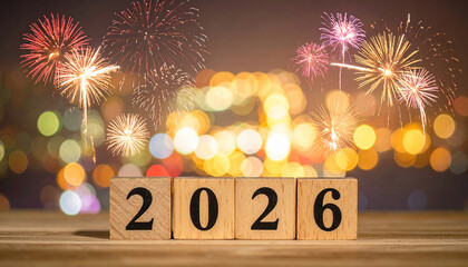 Festive fireworks light up night sky as wooden blocks display year 2026, creating celebratory and hopeful atmosphere