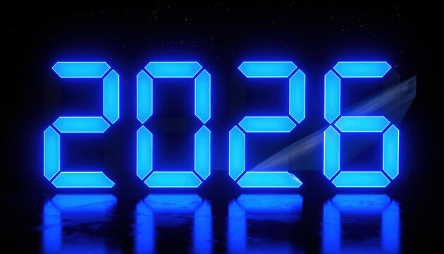 Blue digital numbers display 2026 with futuristic glow against dark background, evoking sense of modernity and anticipation. sleek design and vibrant color create striking visual impact