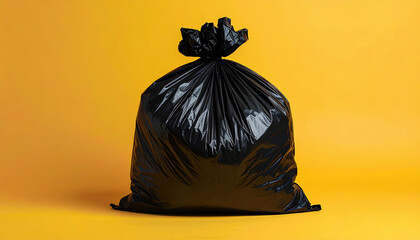 Black garbage bag is placed against vibrant yellow background, creating striking contrast. bag is tied at top, giving it neat appearance