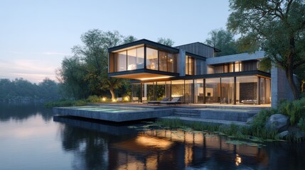 Obraz premium 3d rendering of modern house by the river house, luxury, villa, modern, architecture, building, exterior, residential, property, designer