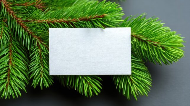 Blank business card on fresh green pine branches for holiday greeting messages or seasonal promotions with a modern natural aesthetic - Powered by Adobe