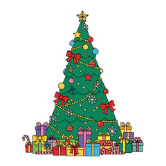 Fototapeta premium Simplified Majestic Christmas Tree Illustration, Richly Decorated with Doodle Ornaments, Large Bows, Presents.