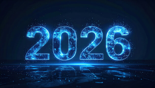 Image features futuristic digital representation of year 2026, with glowing blue numbers and high tech, cybernetic design. background is dark, enhancing luminous effect of numbers, creating sense - Powered by Adobe