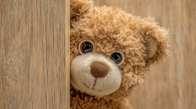 Cute brown Teddy bear toy sneak behind the door and surprise to congratulate the special day holiday festivals. game child, day care, welcome, kid day, shy childhood, party funny, generate by AI.