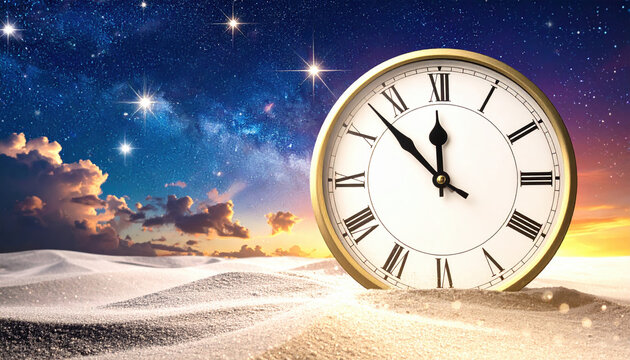 Large clock with Roman numerals is partially buried in sand under starry night sky, evoking sense of timelessness and wonder. scene blends elements of fantasy and surrealism