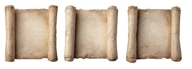 Three aged paper scrolls, slightly stained, on black background