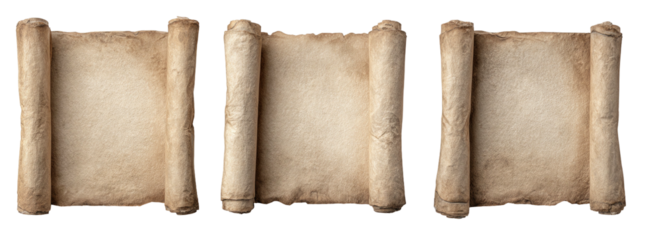 Three aged paper scrolls, slightly stained, on black background