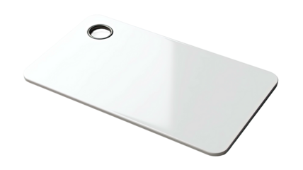 Glossy, reflective white tag with a hole; flat against black background