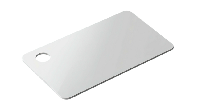 Gray tag, rounded corners, offset hole, lying against black background