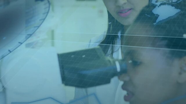 Clinician guiding, patient aligning eye with eyepiece for eye exam while blue graphics overlaying