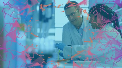 Lead gesturing, tech pipetting yellow sample into tube for assay, pink overlay drifting over hands
