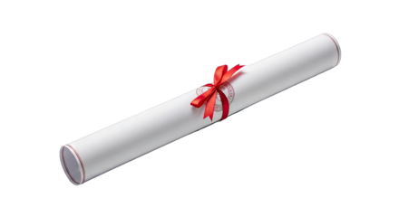 Rolled White Paper Scroll Tied With Red Ribbon and Bow Against Transparent Background Representing Achievement and Recognition