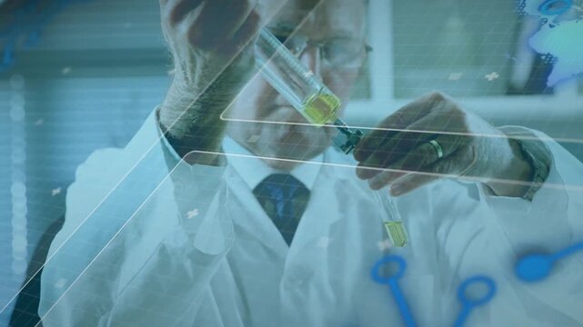 Sr scientist aligning pipette, dosing yellow solution into clamped vial for lab QC showing overlays