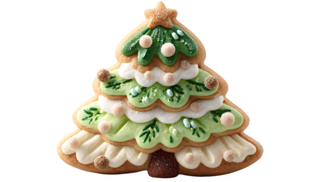 3D-rendered Christmas tree cookie topped with glossy icing layers, tiny candy balls, and a star-shaped sugar topper, perfect for holiday food illustrations, isolated on white background