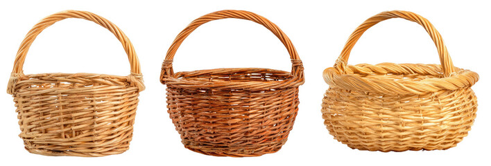 Three wicker baskets lined in a row on a black background