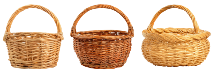 Three wicker baskets lined in a row on a black background