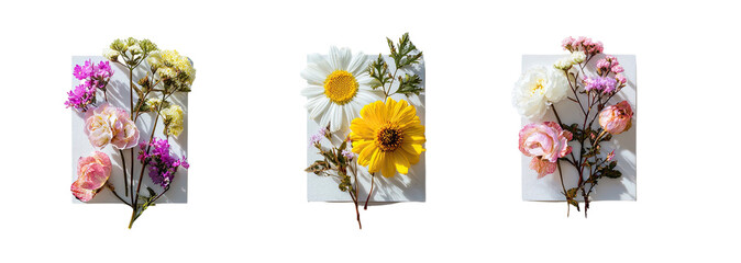 Dried florals on white rectangles, three bouquets