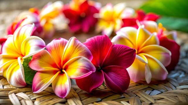 Vibrant Hawaiian flower lei with pink and yellow plumeria, resting on a woven lauhala mat.
