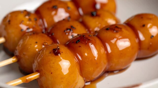 Macro close-up of Mitarashi Dango skewers with a glossy, caramelized sweet soy sauce.