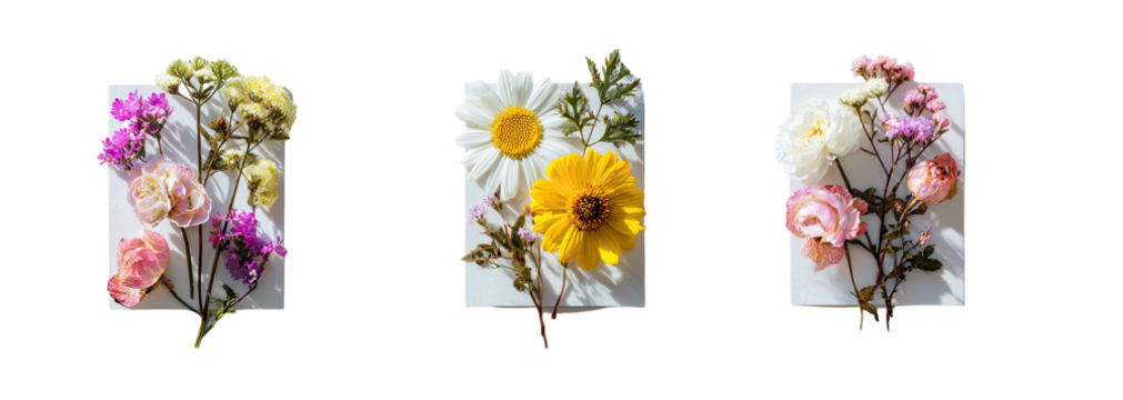 Dried florals on white rectangles, three bouquets