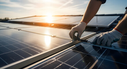 Installing new solar panels for sustainable energy, embracing eco friendly technology for a brighter future with clean power on a sunny rooftop