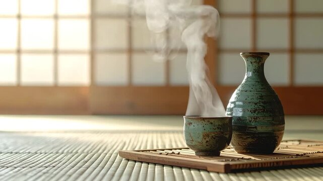 Traditional ceramic sake bottle (tokkuri) and cup (ochoko) with steam, on a tatami mat in a Japanese room.