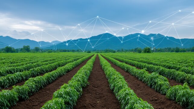 Lush Green Agricultural Field with High-Tech Connections and Beautiful Mountain Range Under Dramatic Sky, Symbolizing Innovation in Agriculture