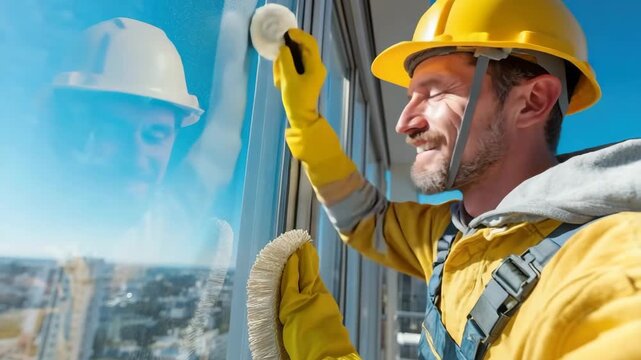 Generative AI. Male window cleaner in yellow safety gear is cleaning glass surfaces at a high-rise building, showcasing professional cleaning techniques and urban skyline reflections