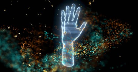 Particles forming and pulsing, hologram hand glowing while ribbons swirling to form dense cloud - Powered by Adobe