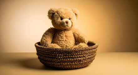 Adorable teddy bear sitting comfortably inside a woven basket on soft light