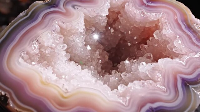 Macro shot of a geode revealing crystalline interior within concentric layered bands