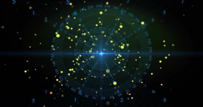 Center blue hub emitting yellow dots, flare forming numbered tick ring, rotating, settling HUD