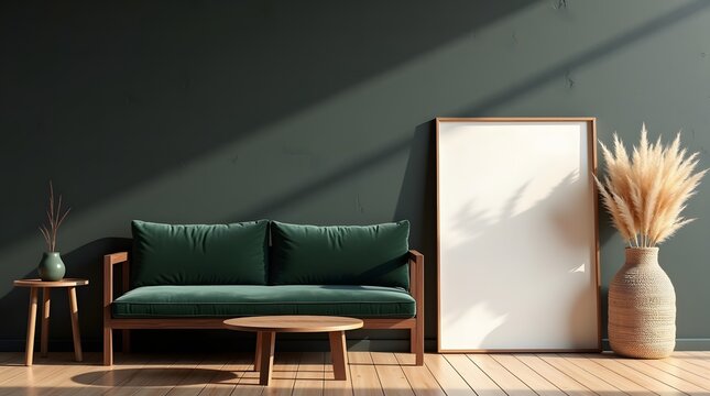 Elegant living room with green sofa, wooden coffee table, and blank canvas art on a dark wall with natural light