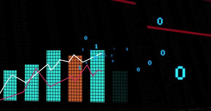 Cyan digits appearing, animated chart emerging left, bars filling, lines tracing, showing trends