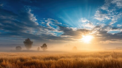 Obraz premium Serene Sunrise Over Misty Fields with Gentle Rays of Light and Cloud Patterns Illuminating the Morning Sky in a Peaceful Landscape