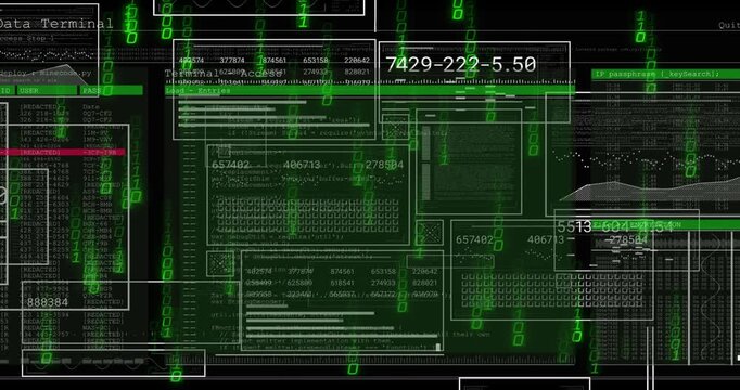 Green digit rain beginning cascade, HUD cluster assembling panels and updating data for monitoring
