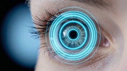 Extreme close-up eye scanning retina with digital technology overlay. Biometric security, identity, and advanced futuristic access concept. - Powered by Adobe