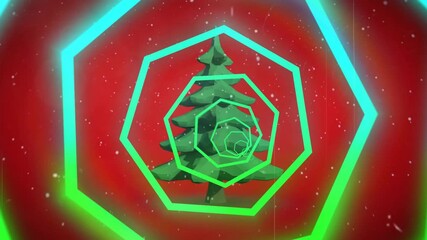 Camera advancing, lowpoly pine tree staying while neon octagon rings rotating and drawing viewer in - Powered by Adobe