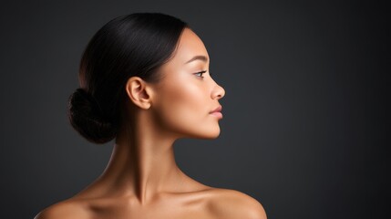 Elegant profile portrait of a woman with smooth skin and sleek hairstyle against a dark background, showcasing beauty and grace in a minimalist setting.