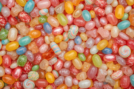 Colorful Candy Background. An assortment of colorful candy on full frame background with jellybeans, - Powered by Adobe